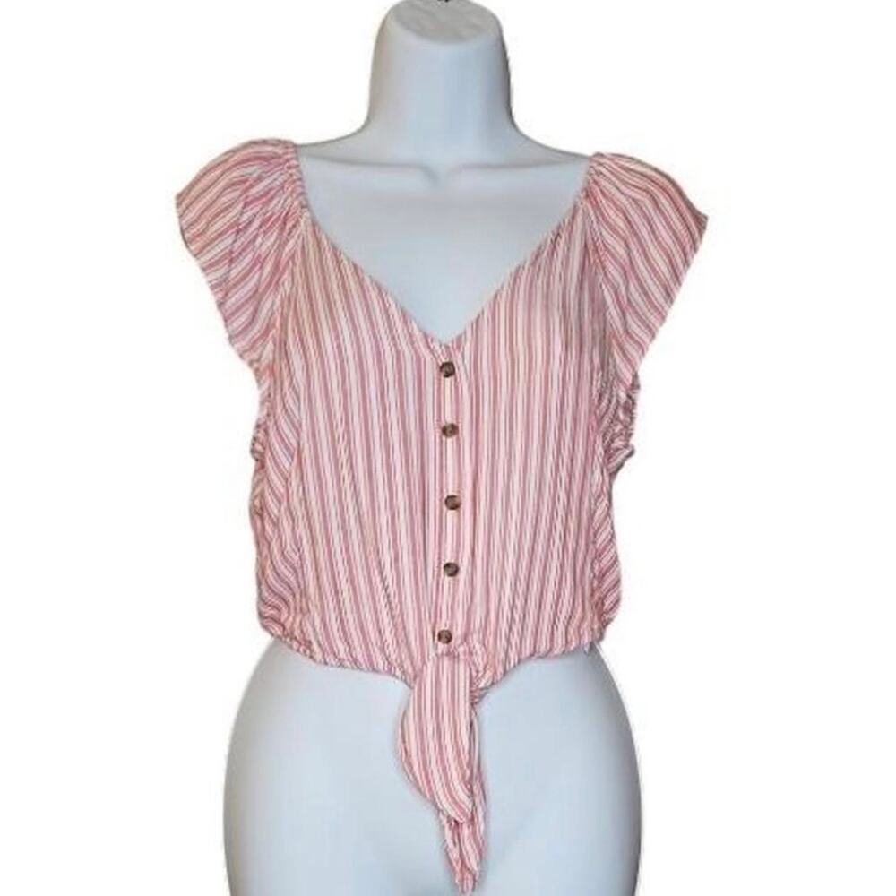 American Eagle Red & White Stripe Crop Tank Ruffle Straps Front Tie Size Small